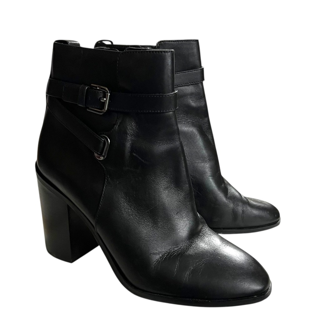 Michael Kors Black Leather Buckle Ankle Boots Block Heel Side Zip Womens 9M - Picture 2 of 7